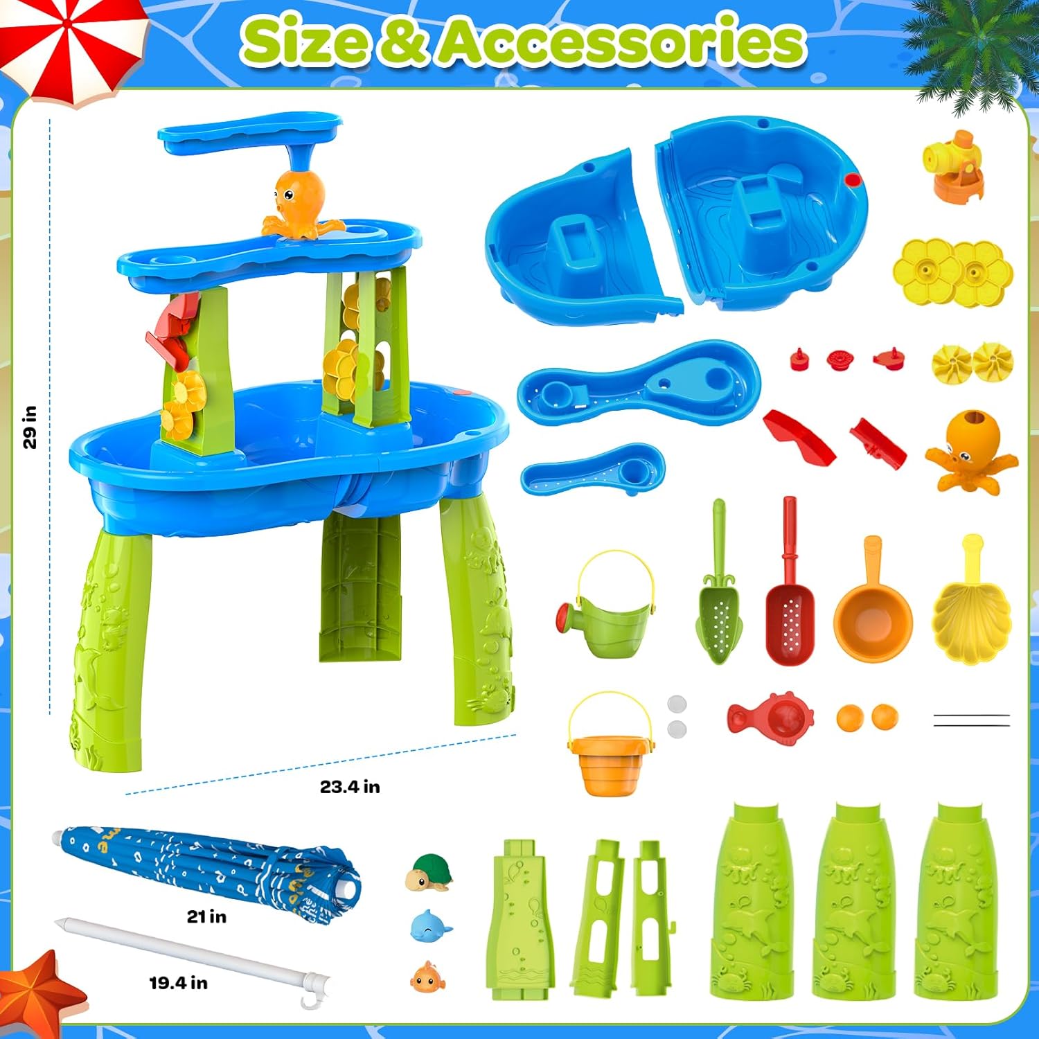 3-Tier Toddler Kids Water Sand Table With Umbrella - Summer Outdoor Toys with Stable Design, Multifunctional Sensory Learning Pool Beach Backyard Activity Playset Gifts for Boys Girls(Ocean Blue)