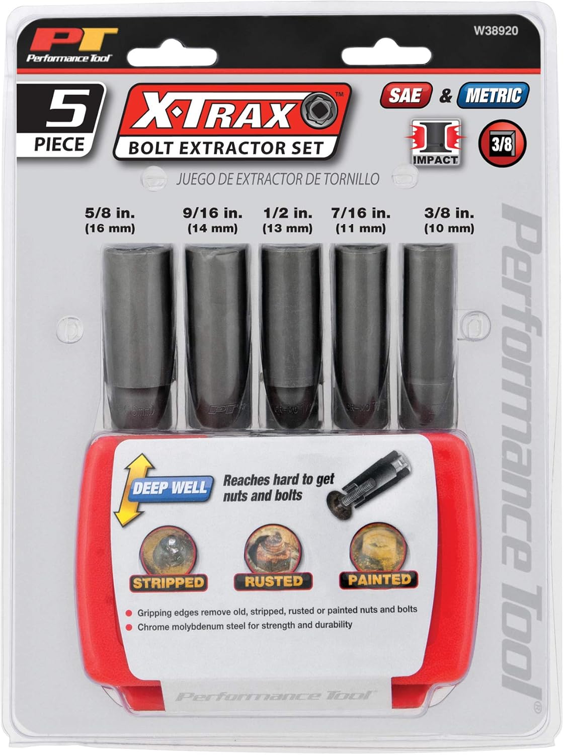 Performance Tool W38920 3/8-Inch Drive 5 Piece Deep Wall Bolt Extractor Set (Metric/SAE)
