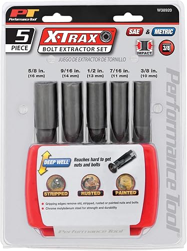 Miniatura 4 de Performance Tool W38920 Juego de extractor de pernos de pared profunda de 5 piezas de 3/8 pulgadas (métrico/SAE)