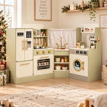 HONEY JOY Corner Play Kitchen, Wooden Pretend Toy Kitchen Set w/Bread & Coffee Maker, Microwave, Refrigerator, Sink, Oven, Little Chef Kids Kitchen Playset for Toddlers Boys Girls Gift, Green+Golden