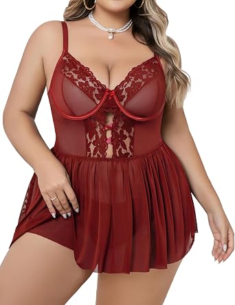 Plus Size Lingerie for Women Sexy Lingerie Dress Lace Babydoll Lingerie V-Neck Criss-Cross Hollow Strap Nightdress