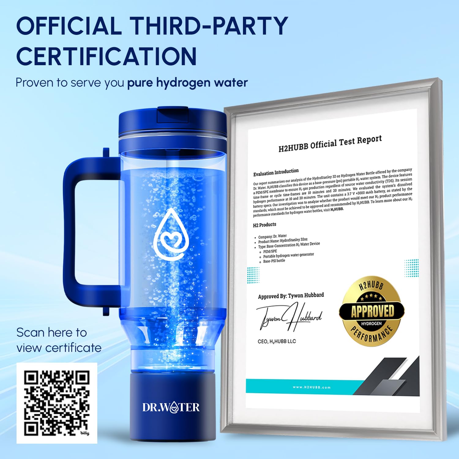 Hydrogen Water Bottle - 3X More Hydrogen Concentration - 32oz Hydrogen Water Bottle Generator - Portable Hydrogen Water Machine | Certified H2 Generator - HydroStanley Black