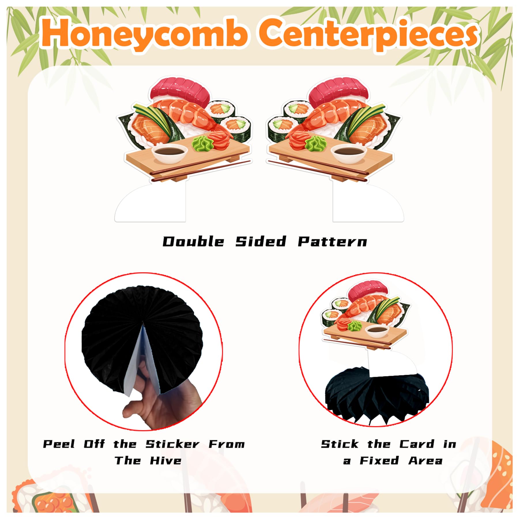 9 centros de mesa de panal de sushi para decoración de mesa, decoraciones de mesa de sushi para comida japonesa, decoraciones de fiesta de sushi, suministros de fiesta de cumpleaños de sushi 4