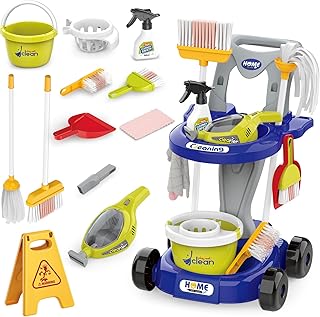 مجموعة تنظيف تعليمية للأطفال قابلة للفصل من مجموعة ألعاب التدبير المنزلي تتضمن مكنسة ومجرفة ومكنسة كهربائية وممسحة وزجاجة رذاذ والمزيد تناسب الأطفال الصغار من سن 3 سنوات فما فوق (14 قطعة)