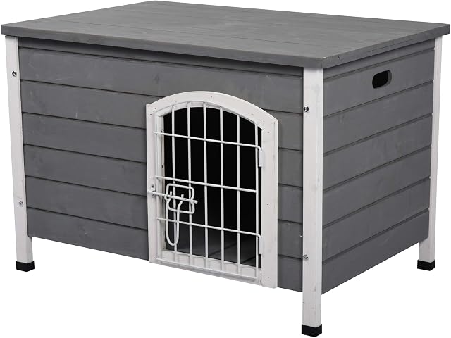 PawHut Wooden Dog Kennel Crate Pet House Wire Door Openable Top Removable Bottom Grey 80 x 55 x 53.5cm