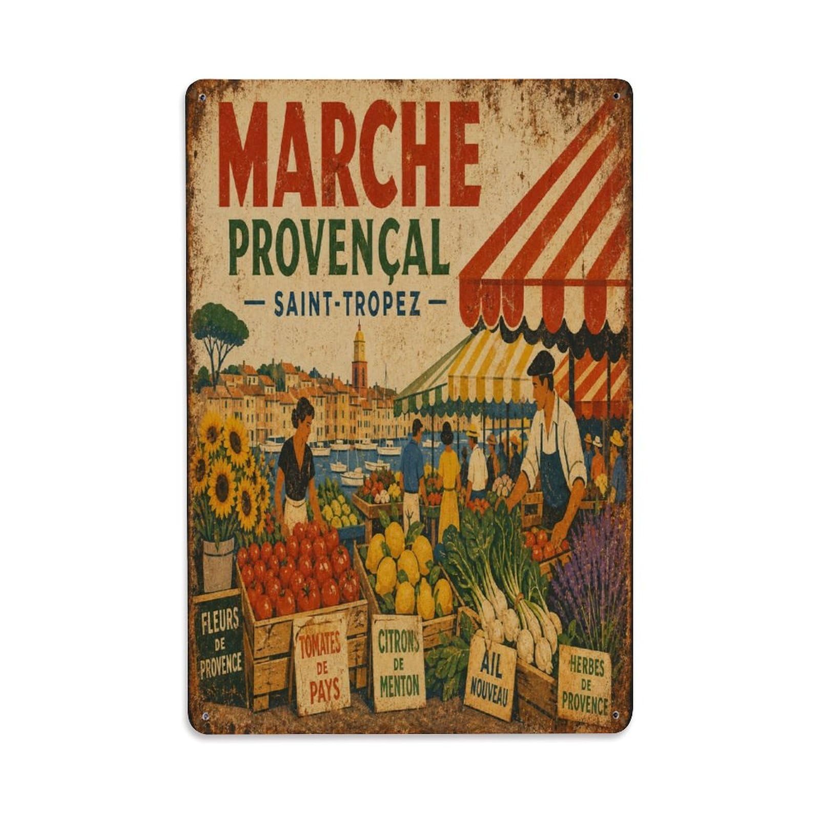 French Village Travel Heritage Riviera Streets Metal Tin Sign Plaque Wall Decor for Cafe, Man Cave, Club Bar, Office, Home Garden Round Metal Poster 8x12Inch