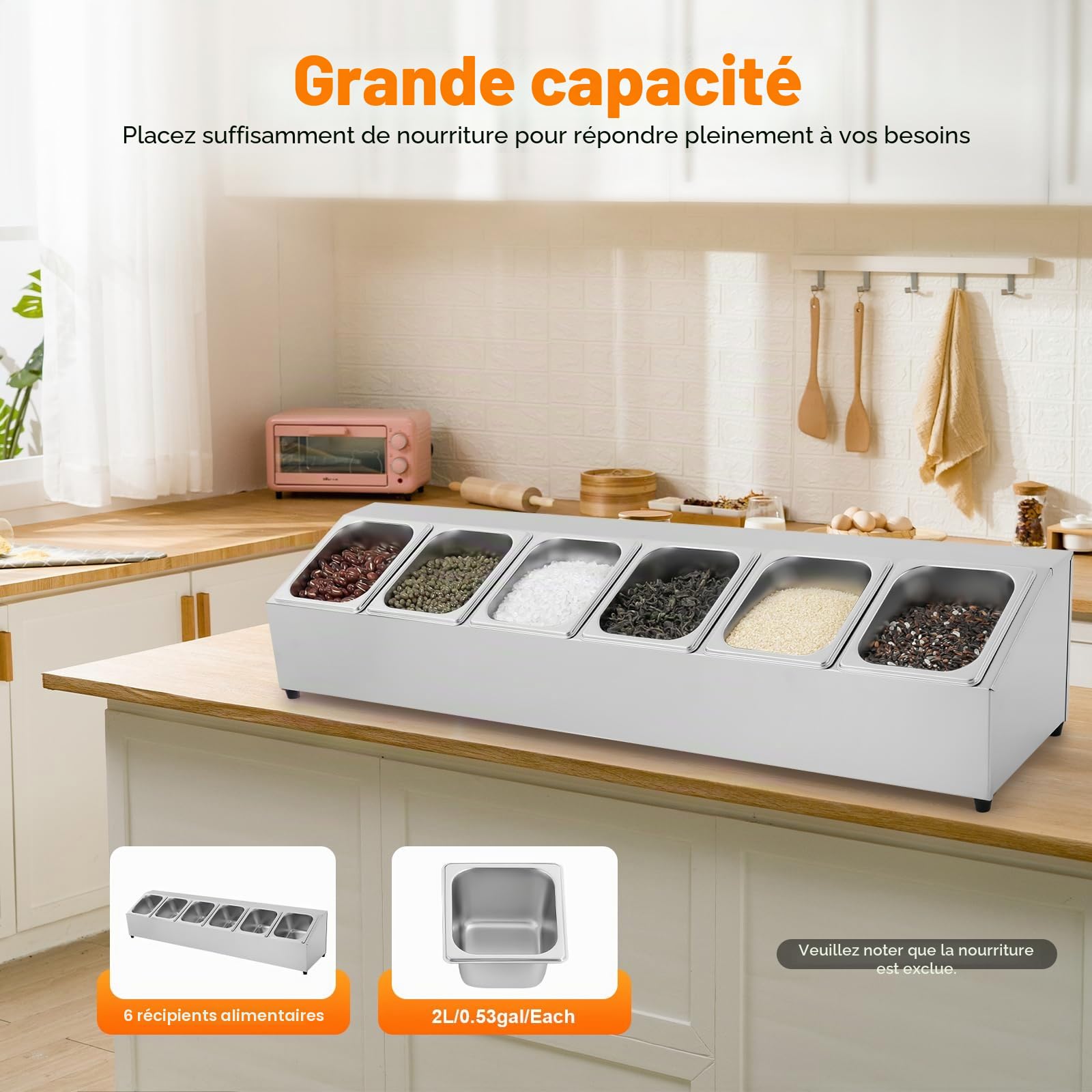 Récipient à ingrédients pour pizza en acier inoxydable avec couvercle, 6 récipients, vitrine de maintien au chaud, pour restauration, saladette, récipient d'accompagnement pour gastronomie et