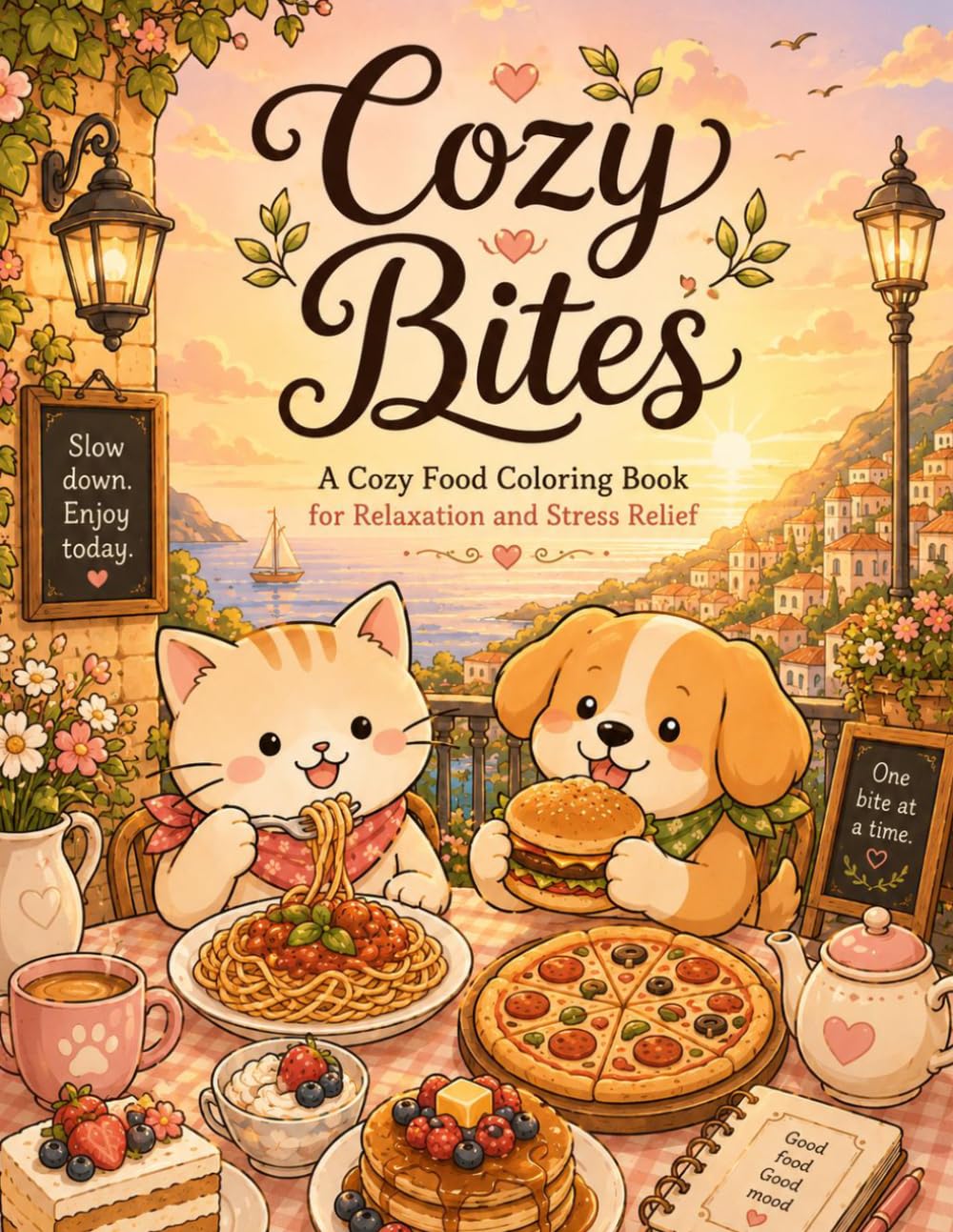 Cozy Bites: A Food Coloring Book with Cute Cats & Dogs for Stress Relief, Mental Health, and Relaxation (Gentle Coloring Book)