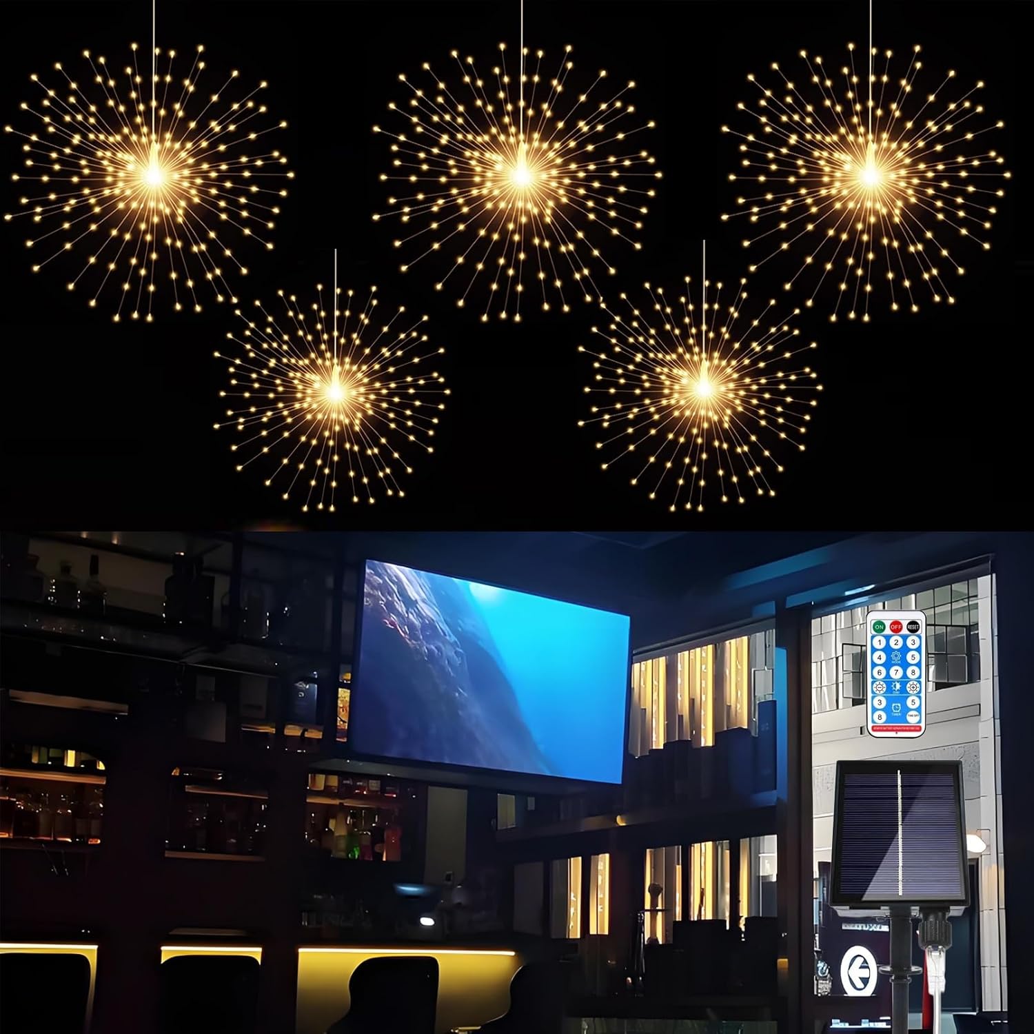 GTSYDING 5 Pack Solar Firework Lights, 450 LED 8 Modes Dimmable Waterproof Hanging DIY Starburst Fairy Lights with Remote Timer for Garden Indoor Outdoor Decoration (Warm White, 450)