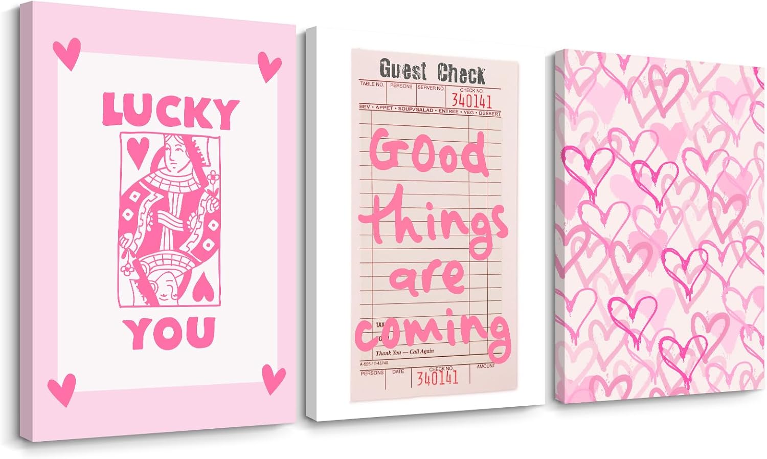 Lucky You Pink Wall Art Guest Check Preppy Wall Decor Trendy Aesthetic Canvas Wall Art Funky Retro Poster Hearts Cute Picture Prints Inspirational Artwork for Room Bedroom 16x24 Inch Framed Set of 3 16x24 Inch Wrapped Canvas Pink Poker Art