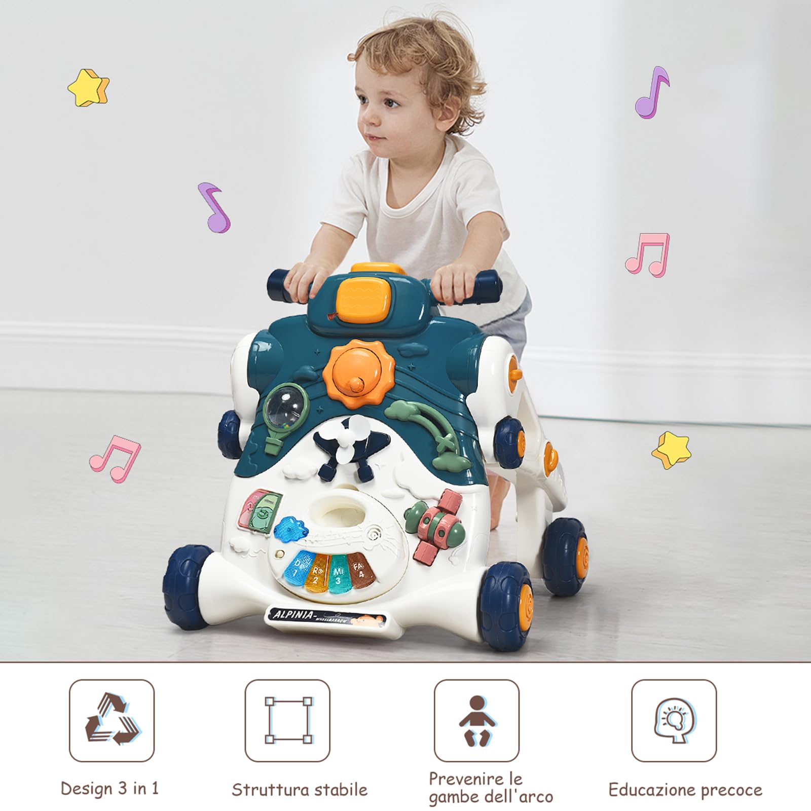 COSTWAY 3 in 1 Primi Passi Cavalcabile Spingibile, Giocattolo Educativo con Musica e Luci, con 4 Ruote Antiscivolo, Ideale per Bambini 6-36 Mesi (Blu)