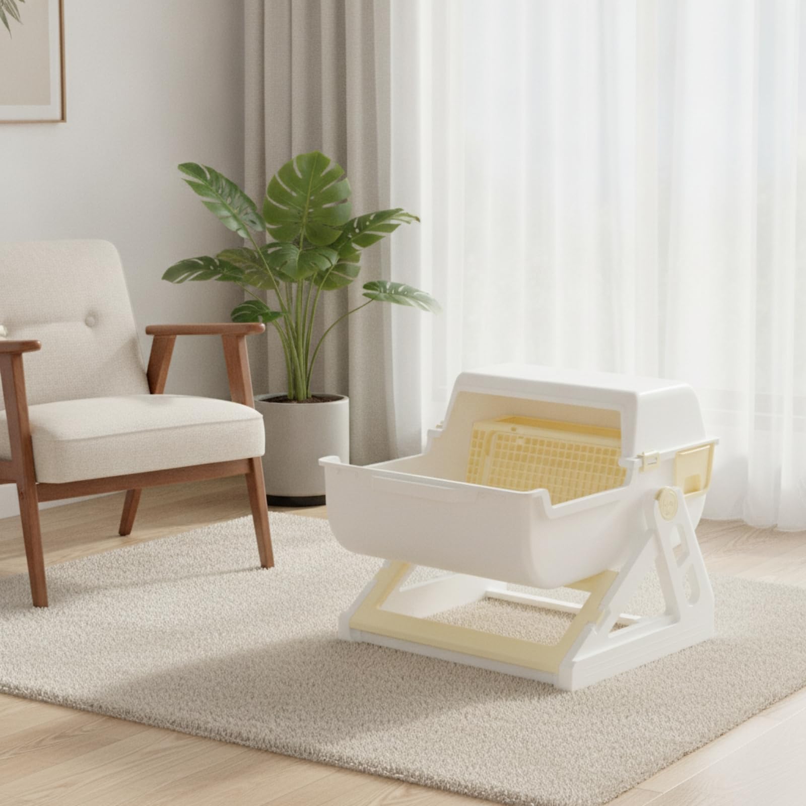 Arenero Semiautomático Amplio Arenero con Rejilla Separación Resistente Caja Semicerrada para s, Casa, Gris Blanco