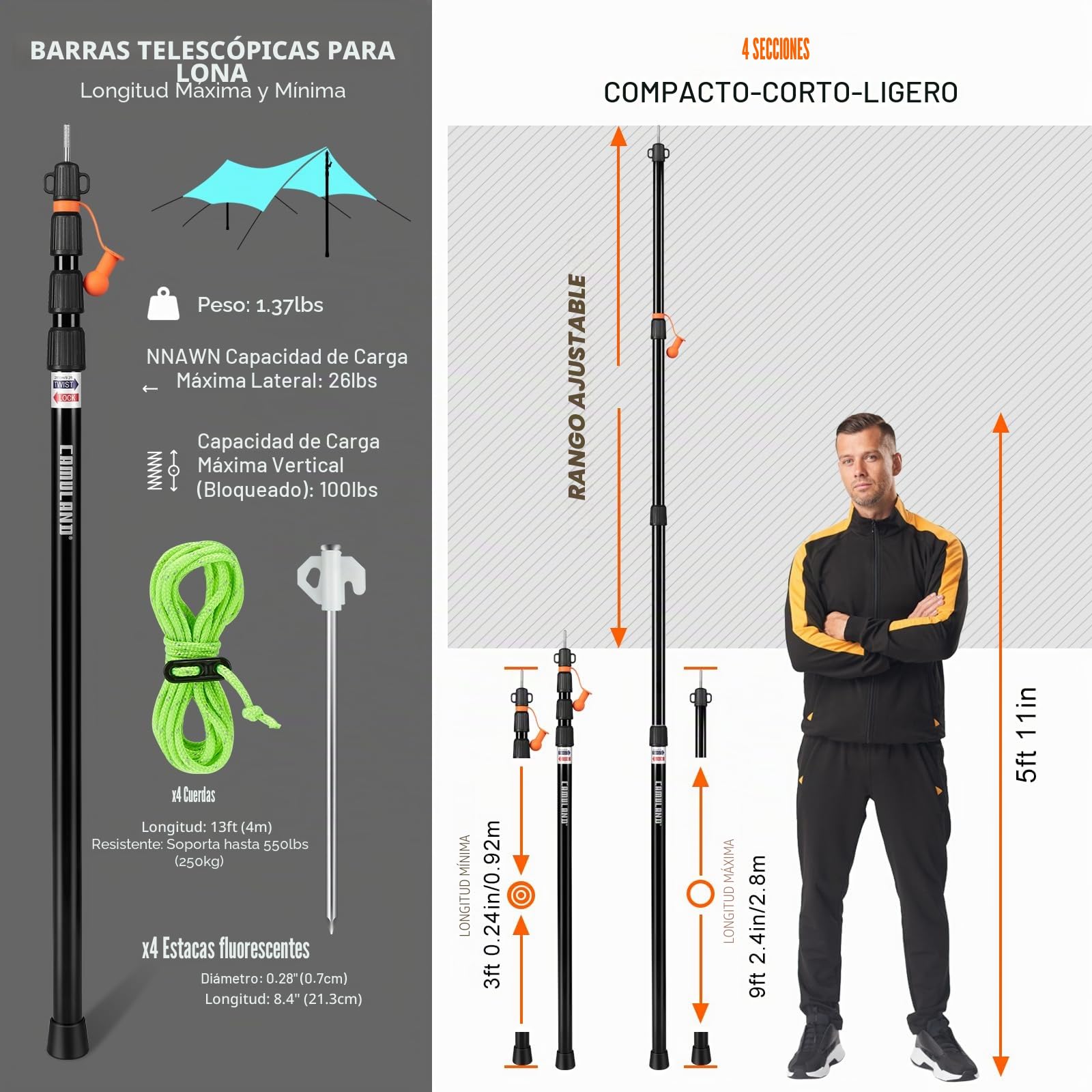 CAMULAND Barras Telescópicas para Tienda de Campaña - Ajustables, Resistentes al Agua y Viento, Portátil Ligero para Camping, Senderismo, Hamaca (2 Unidades)