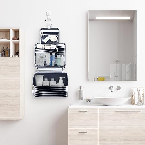 Miniatura 111 de Mossio Neceser colgante con gancho resistente, organizador de viaje grande portátil para maquillaje cosmético para hombres y mujeres Beige,Pájaro