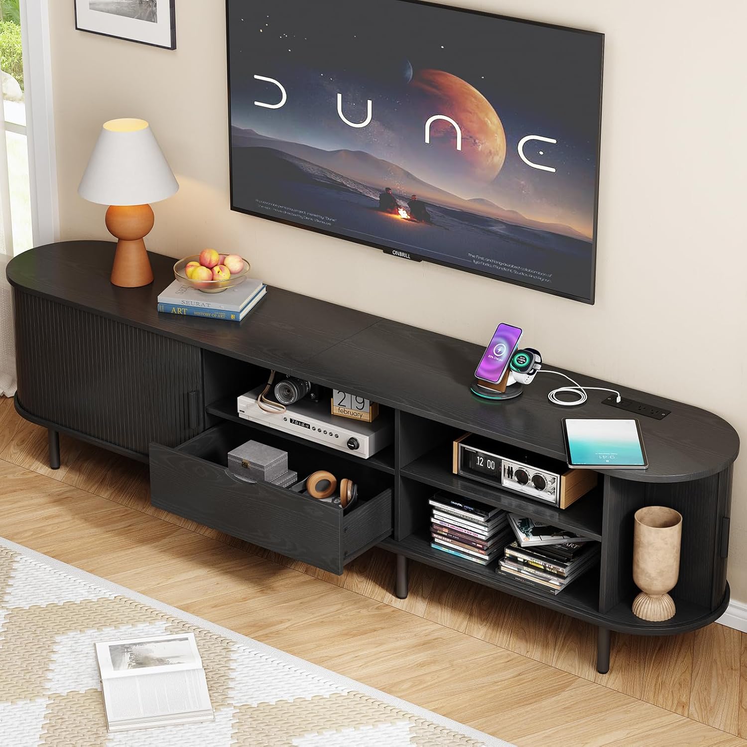 ONBRILL 86.6" TV Stand with Power Outlet for TVs up to 90", Entertainment Center with Storage and Drawer, TV Console with Adjustable Shelves and Sliding Door, TV Stand for Living Room, Bedroom, Black