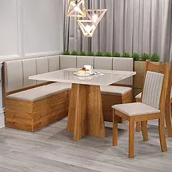 Conjunto Canto Alemão com Baú Bariloche Mesa Quadrada 90x90 sem Vidro e 2 Cadeiras Dallas em Mdp/mdf Mel/Blonde/Marfim