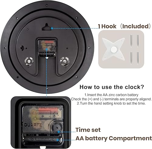 Miniatura 5 de Geevon Reloj de pared grande sin tictac de 12 pulgadas con termómetro e higrómetro funciona con pilas (210001) + medidor de humedad termómetro