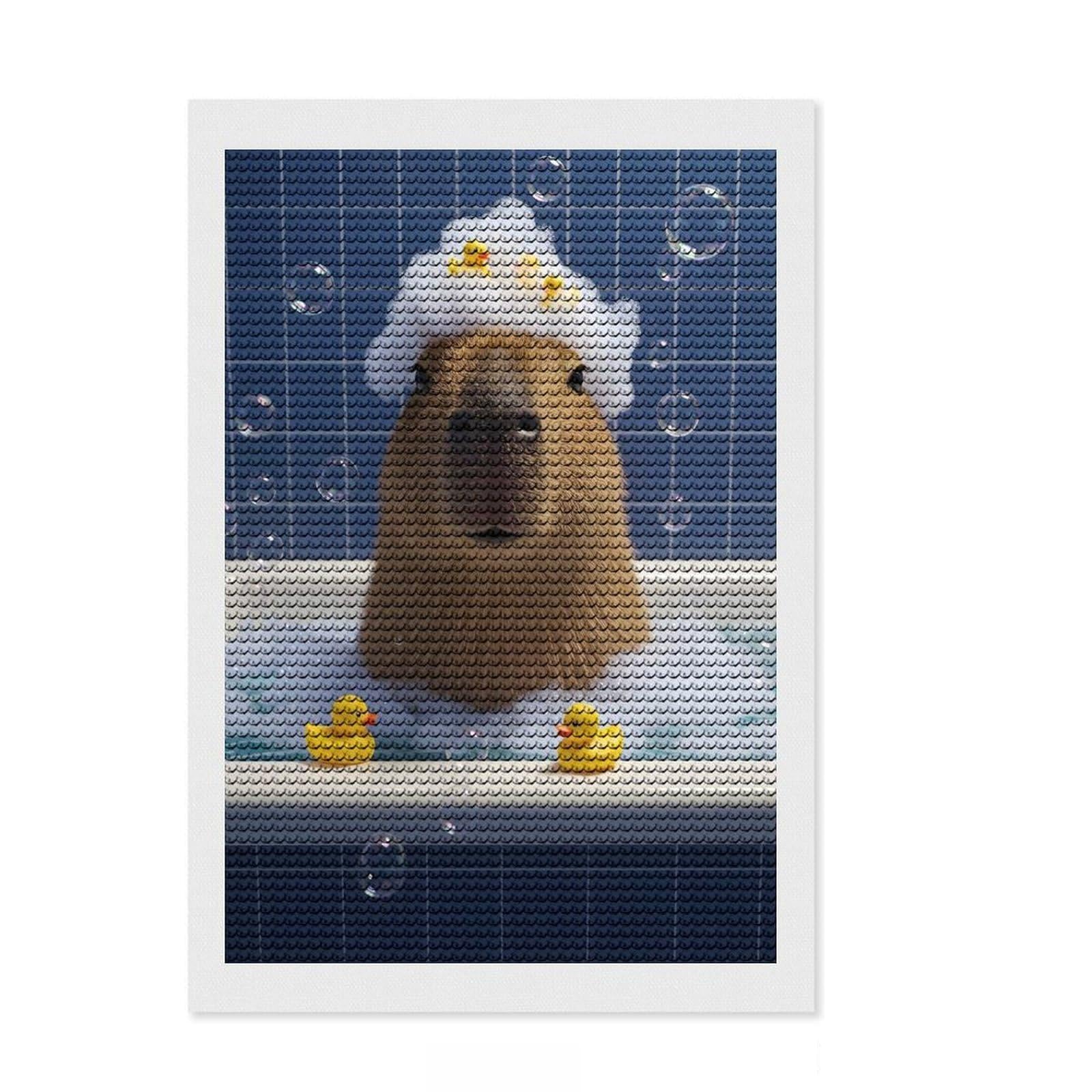Junmoney Capybara in Bathtub with Rubber Ducks Diamond Art Kit 8"x12", for Creative Relaxation, Vintage Style Decor, Good for Quiet Evenings, Christmas Gift