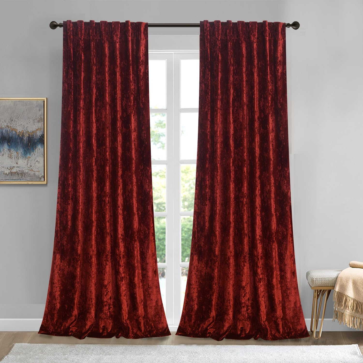 Holiday Red Crushed Velvet Curtains 2 Panel Set - 84 inches Long Room Darkening Luxury Distressed Velvet Rod Pocket Window Drapes for Living Room Bedroom 52" W x 108" L