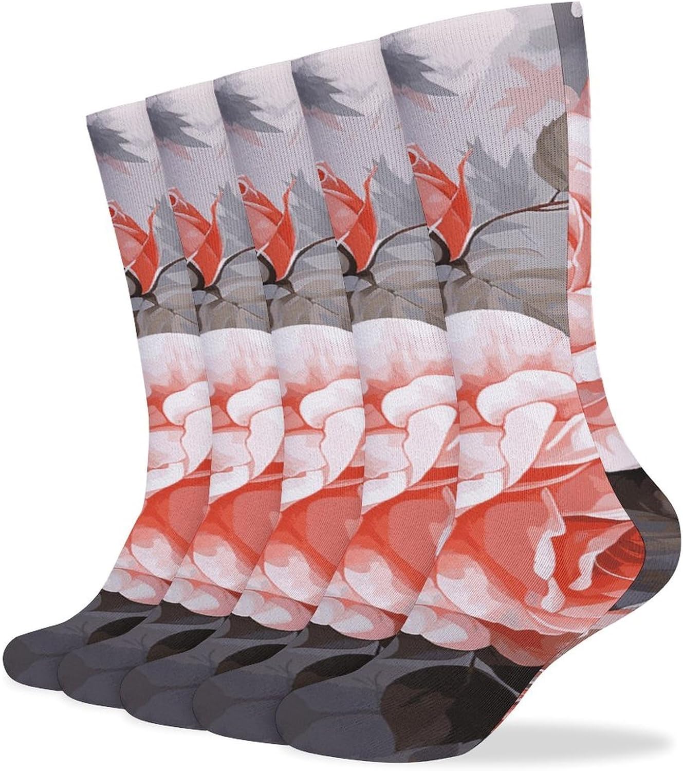 5-Pack Knee High Socks, 15.7 Inch Breathable Casual Socks Rose Flowers with Leaves Stockings for Men Women