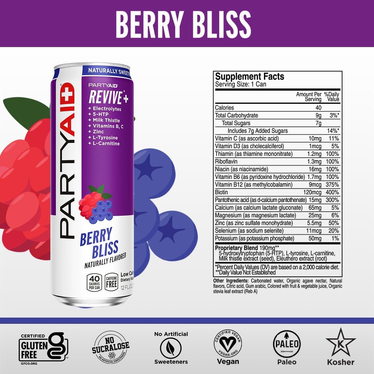 PARTYAID Rehab Blend, Feel Good Tonight and Tomorrow, Contains 5-HTP, B-Complex, Milk Thistle, Electrolytes, No Artificial Flavors or Sweeteners, Caffeine-Free, 12 Fl Oz (Pack of 24)
