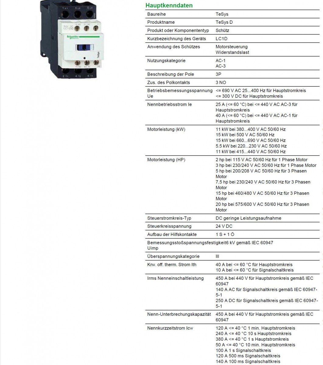 Schneider Electric LC1D25BL TeSys D, Contactor, 3P AC-3, <=440 V 25 A, bobina 24 V CD, antip