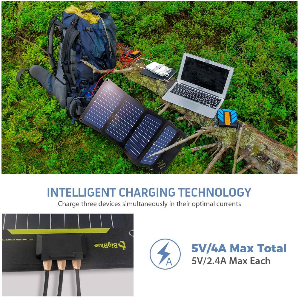 Get Special Price Solar Phone Charger, BigBlue 24W Portable Solar Charger with 3 USB Ports(5V/4A Max Total) for Camping, Foldable SunPower Solar Panels for iPhone 11/Xs/X/8/7, iPad, Samsung Galaxy, Google Pixel etc.