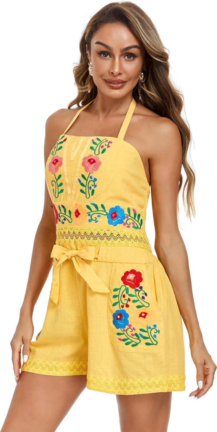 Rompers for Women Summer Boho Embroidered Floral Sleeveless Halter Flowy Casual Tank Top Short Jumpsuit - Image 3