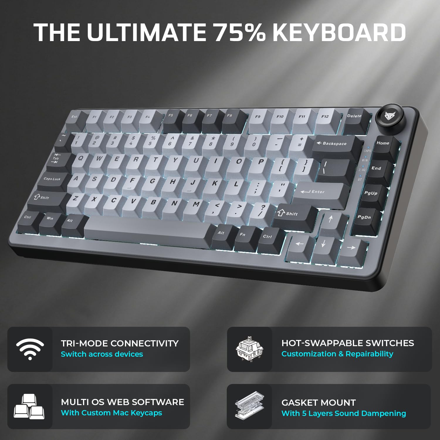EvoFox Ronin X75 Tri-Mode Wireless Mechanical Keyboard, Gasket Mount, 5 Layer Sound Dampening,Hot Swap GTMX Yellow Linear Switches with Thocky Sound, Programmable, Muliti OS Web Software, Mac Key Caps — Amazon image 2