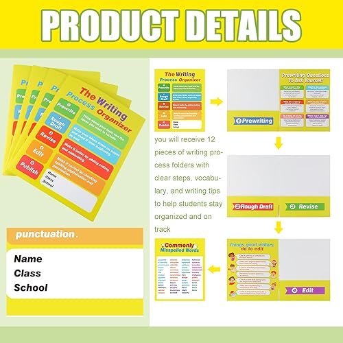 Miniatura 2 de Ctosree 12 carpetas de bolsillo para proceso de escritura, proceso de escritura, carpetas laminadas para estudiantes, carpetas escolares con