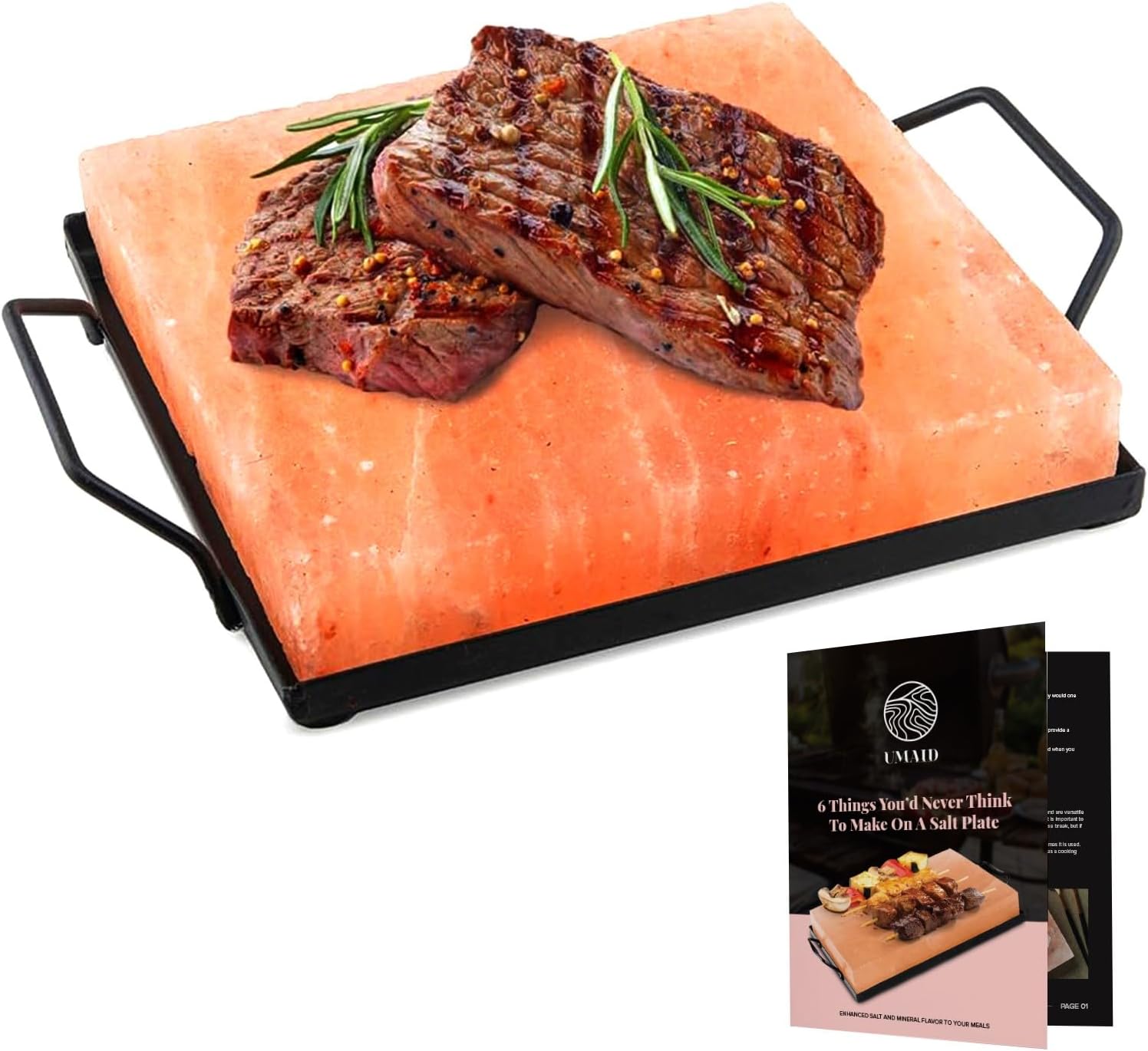 UMAID Himalayan Salt Block Cooking Plate 8x8x1.5 – Food Grade Pink Himalayan Salt Stone for Cooking, Salt Block for Grilling, Serving & Cutting – Includes Steel Tray & Grilling Recipe Booklet – Unique Gifts for Men & Dad Gifts for Fathers Day
