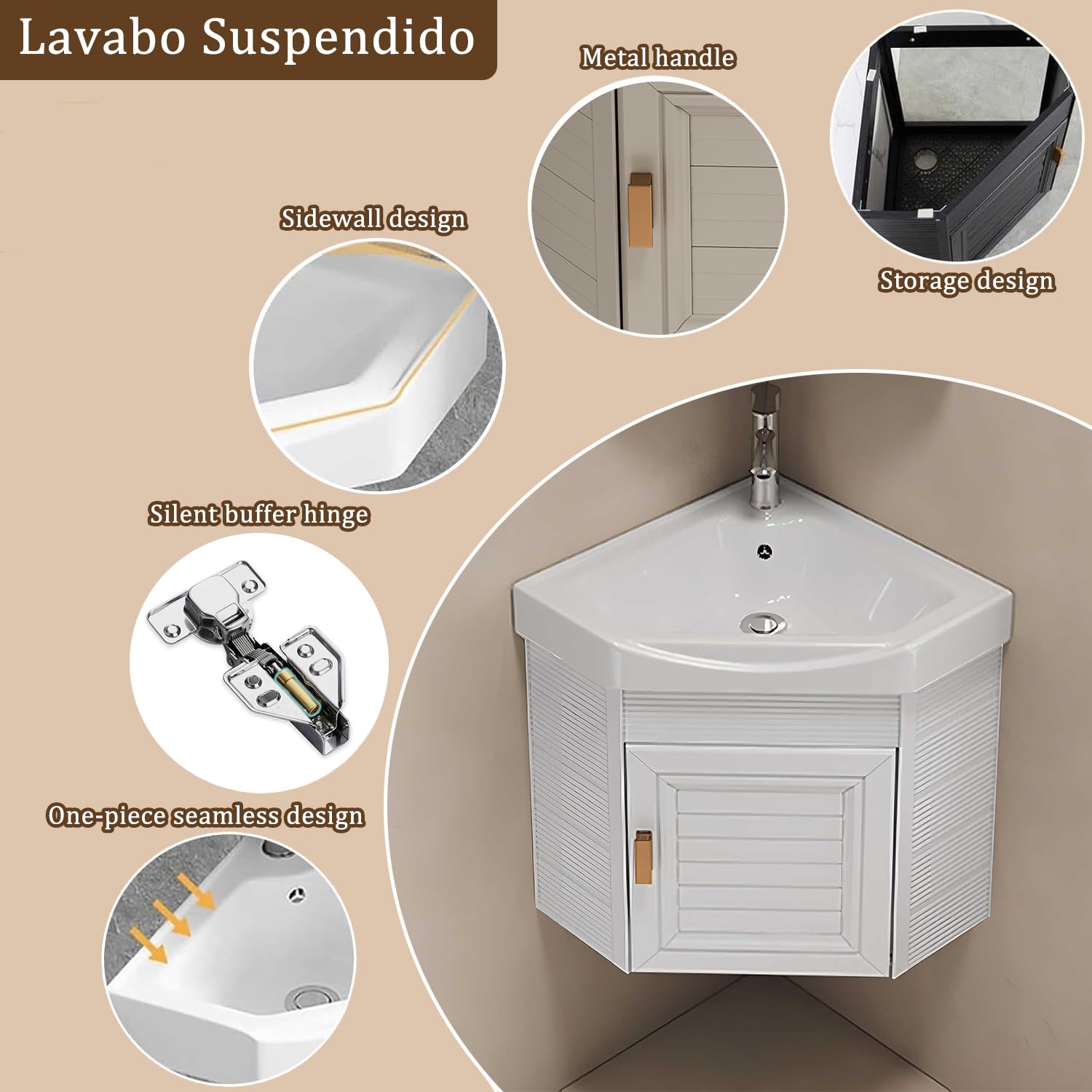 Lavabo Multiusos de Pared 43cm, Fregadero de Cocina Esquinero Colgado, Mueble Lavabo de Pared Todo en Uno - Uso en Baño, Cocina, Caravana o Taller con Armario y Grifo, Beige