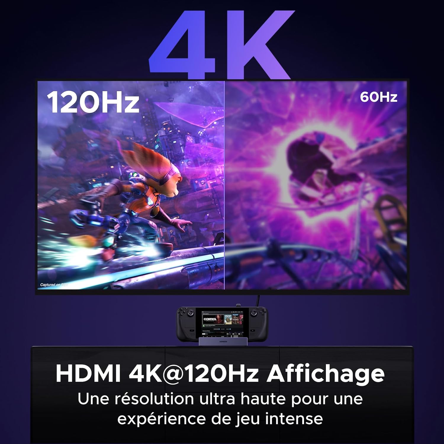 Comparison of 4K 120Hz vs 60Hz display on a TV connected to a Steam Deck via UGREEN dock