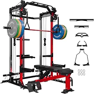 Mikolo Power Cage, 2000LB Squat Rack, Dual Pulley Cable Crossover System, Multi-function Free Weight Home Gym Workout Mach...