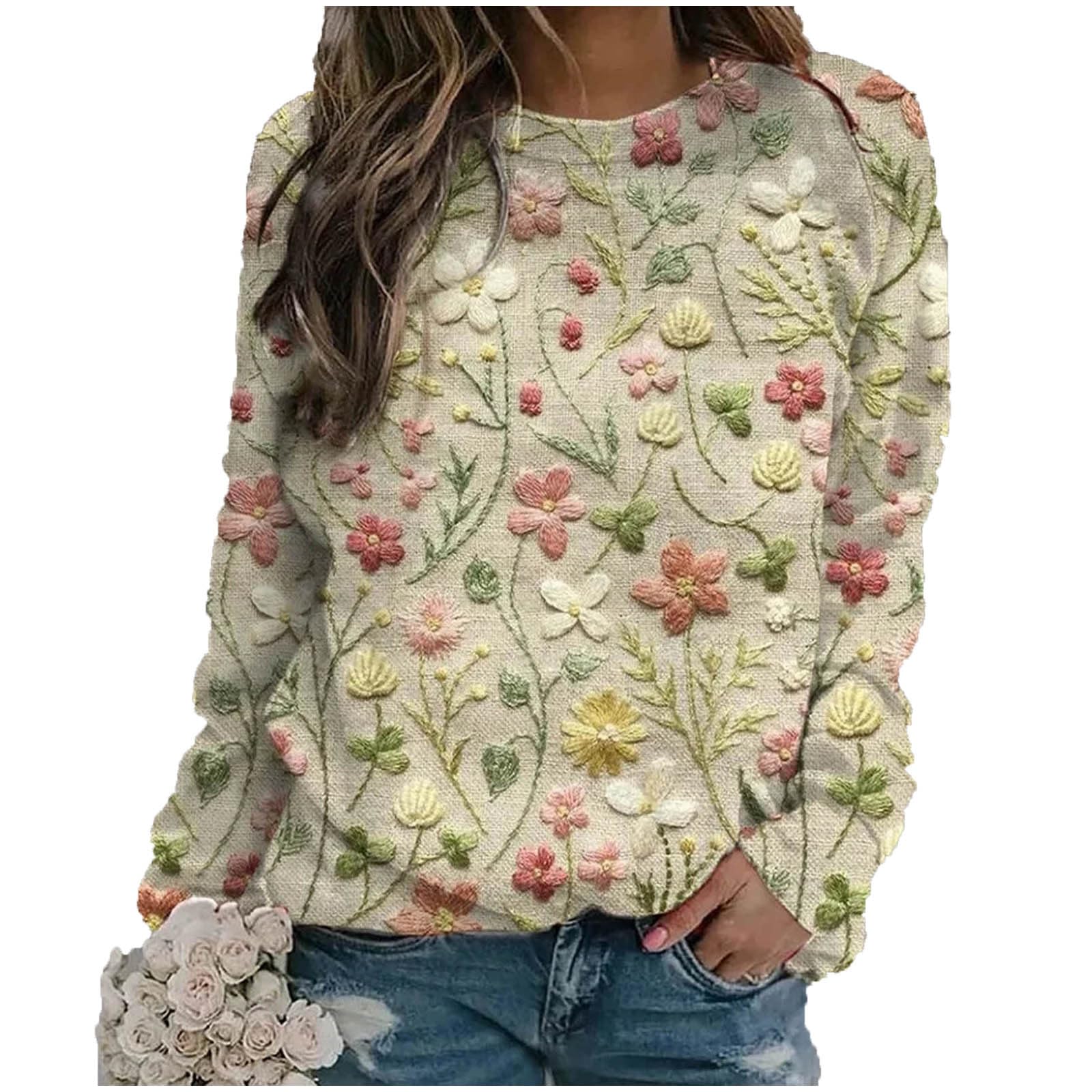LNWUYWomen's Funny 3D Floral Print Shirts Round Neck Raglan Long Sleeve Sweatshirts Fashion Novelty Flower Graphic Tops