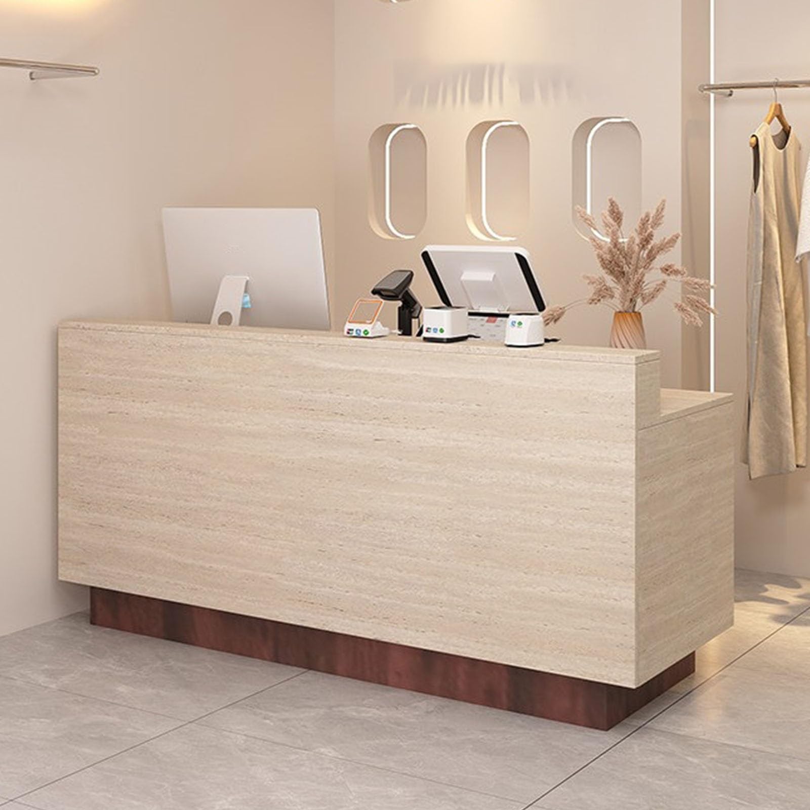 Empfangstheke mit Abschließbarer Schublade, Moderne Rezeption mit Ablagefächern und Großer Arbeitsplatte für Büro, Salon, Praxis und Geschäft(Beige+Brown,200cm)