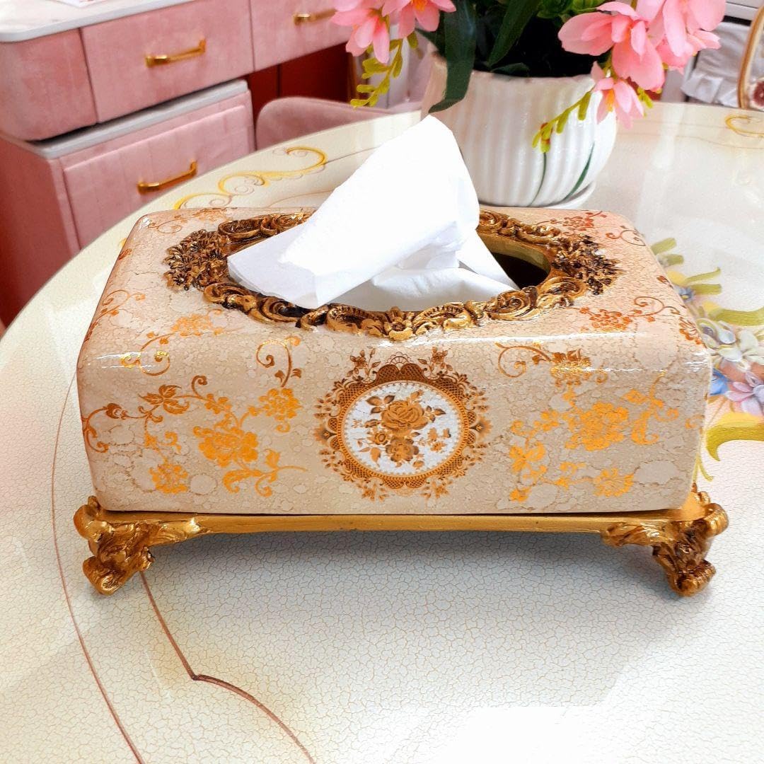 輸入雑貨 シノワズリ 『薔薇のティッシュBOX陶器』 ゴールド 薔薇柄