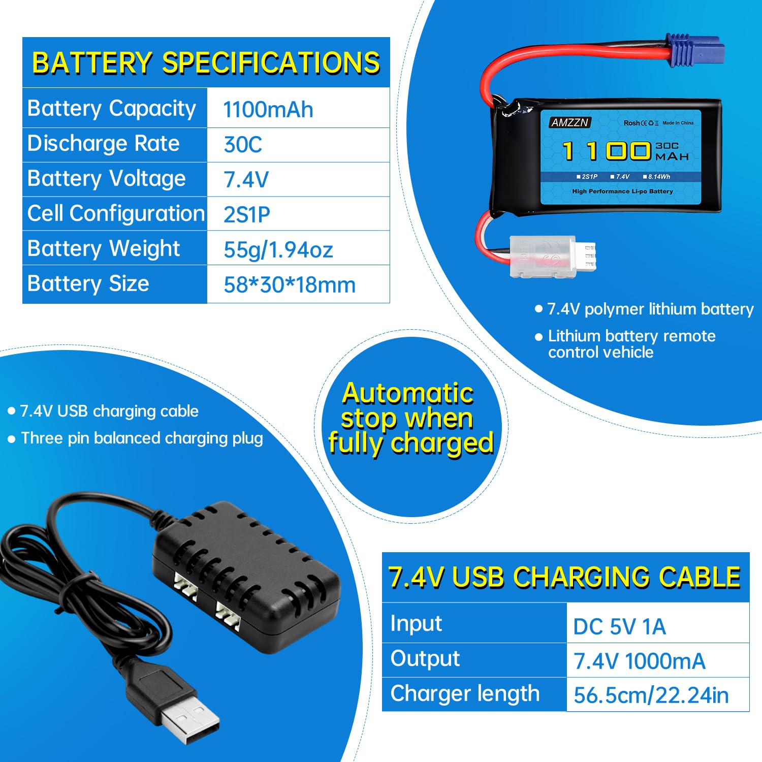 2 Stück 7,4V 1100mAh 2S Lipo Akku EC2 Stecker mit Ladegerät 2-in-1 geeignet für UTB18 RC Fahrzeuge, Ersatzbatterie für Geländefahrzeuge mit Allradantrieb, Hochleistungsbatterie
