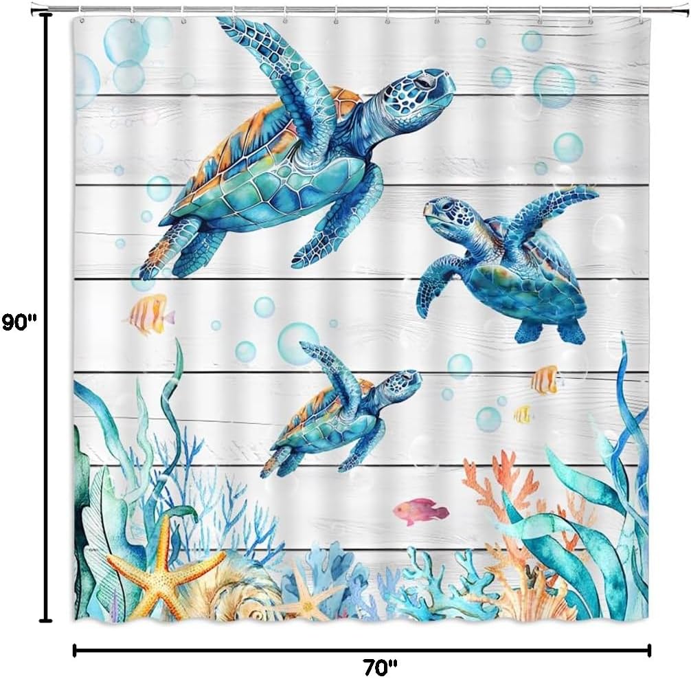 Nautical Sea Turtle Shower Curtain Ocean Beach Tropical Fish Marine Life Coral Aquatic Plants Rustic Wooden Board Bathroom Decor Curtains Set with Hooks, 90" x 70"