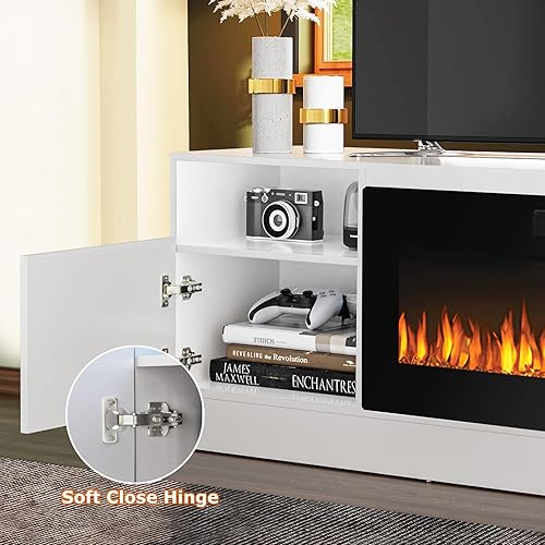 Miniatura 5 de PUKAMI Soporte de TV con chimenea para televisores de hasta 80 pulgadas, centro de entretenimiento con chimenea, soporte de TV con luz LED, 70