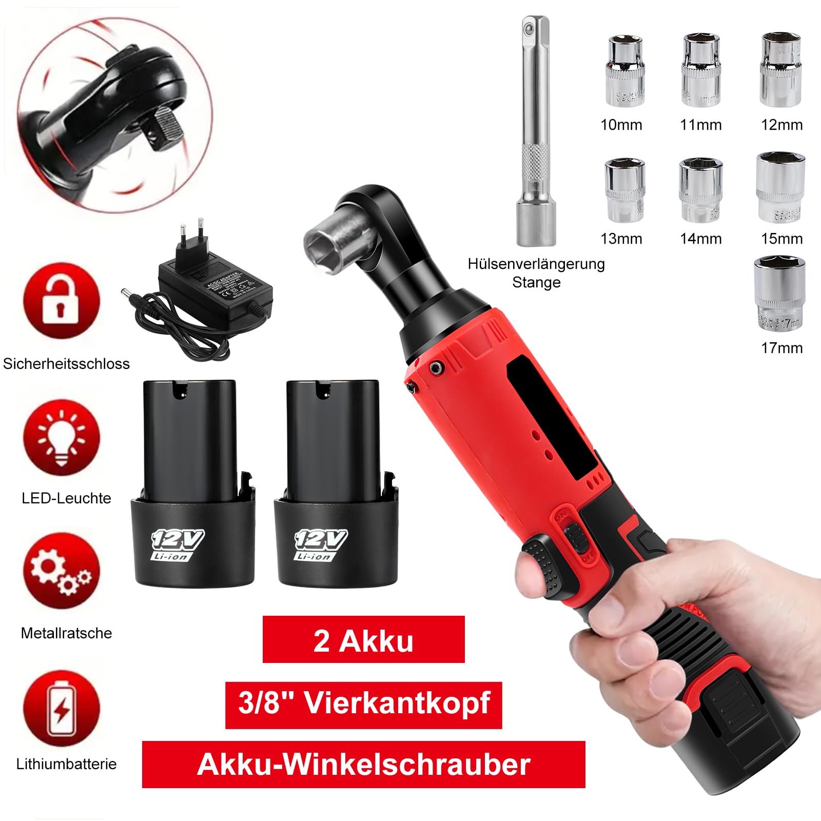 Elektrische Ratschenschlüssel Set, 12V 3/8" Akku Ratschenschlüssel mit 35Nm Drehmoment, 0-320RPM mit 2x1500mAh Batterie, 7 Steckdosen, Elektrische Ratsche für Möbel und Autos