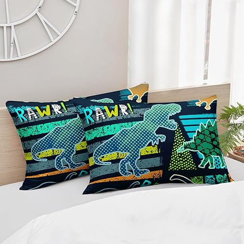 Miniatura 7 de AILONEN Juego de ropa de cama con estampado de dinosaurio, tamaño Queen, diseño retro de silueta de dinosaurio verde, juego de edredón para niños,