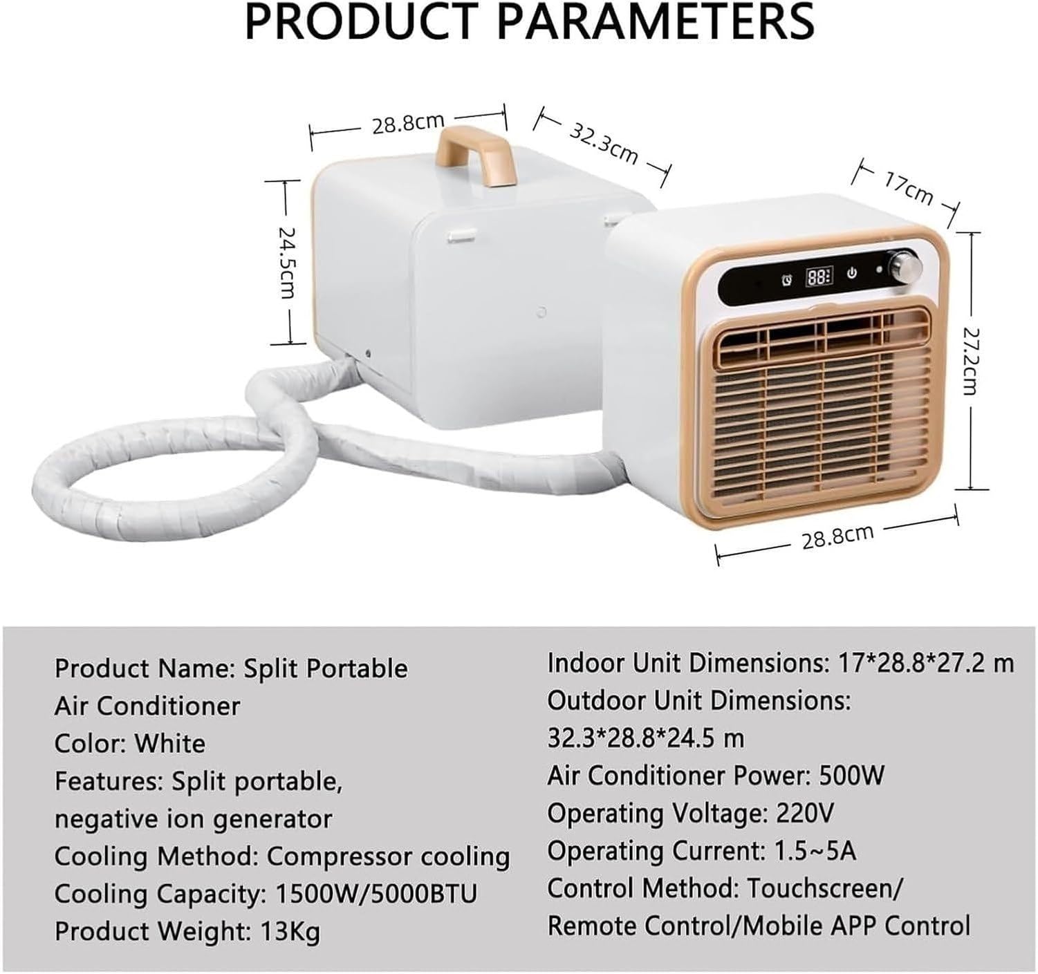 Aire Acondicionado Portátil 5000 BTU, Enfriador Silencioso Split Sin Instalación Compleja, con Control Remoto y App Wi-Fi, para Hogar u Oficina, Enchufe Tipo UK, 1m Tube, 1m Tube