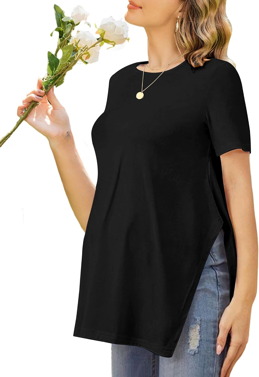  Women's Maternity Shirts Short Sleeve Pregnancy Tops Blouses Split Side Casual Crewneck Pregnant Tunic Tee