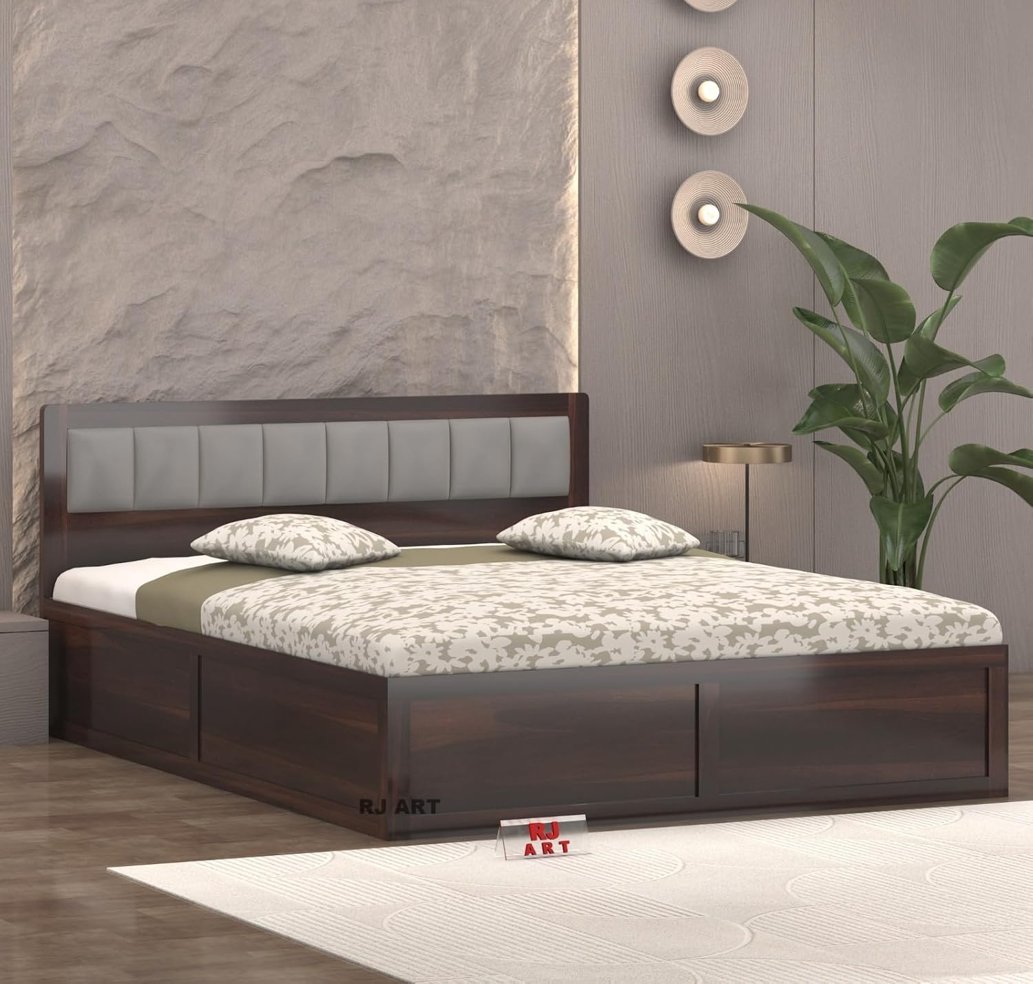 TREE MART Wooden Queen Size Bed with Storage | Double Bed Cot Bed with Box Storage & Upholstered Cushioned Headboard for Bedroom | Sheesham Wood, Walnut, Recommended Mattress Size: 78 X 60-image-3