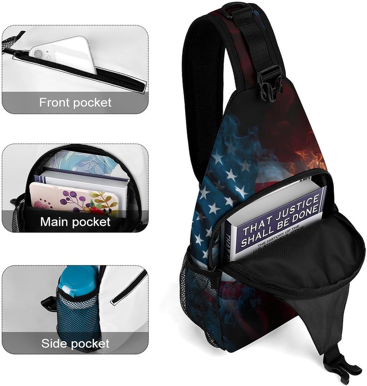 Canada US Fire Flag Men Crossbody Sling Backpack Chest Bag | Travel Fanny Pack,Hiking Daypack,Print Shoulder Bags