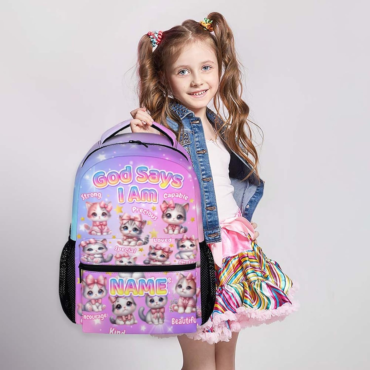 Girls Backpack, Custom 17" Cat School Backpacks for Toddler Kids Teens, Personalized Pink Large Capacity God Says I Am Bookbag for Primary Elementary, Back to School Supplies with Name