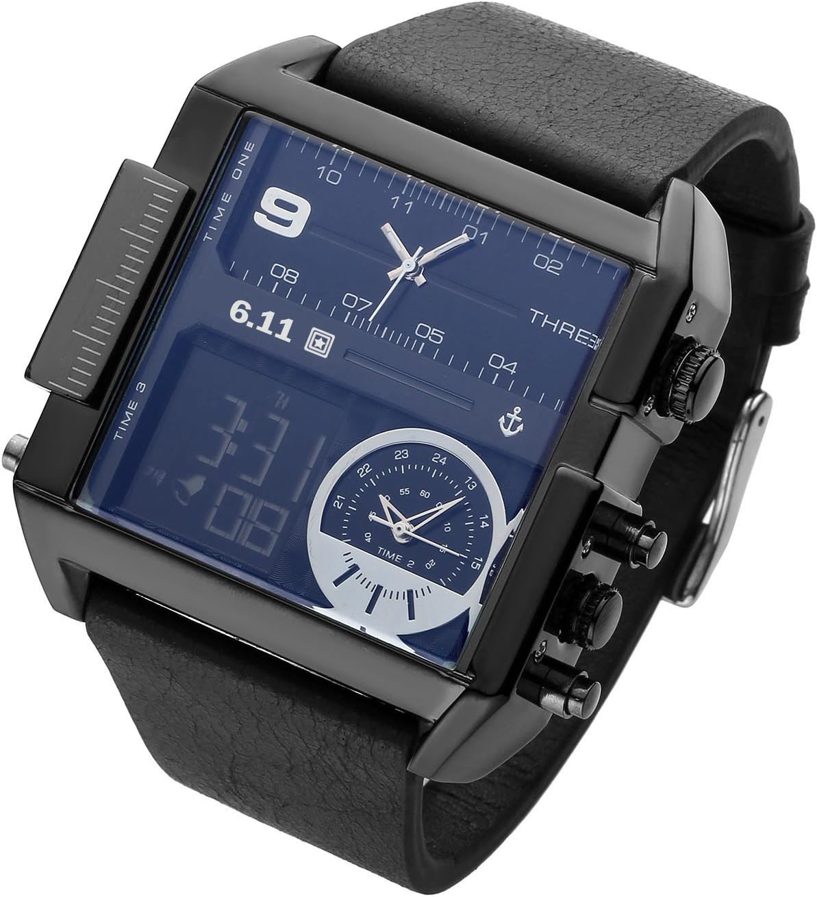 Square Men Watch Multiple Time Zone Quartz Watches Mens Leather Led Wristwatch Waterproof Relogio Masculino (Black)