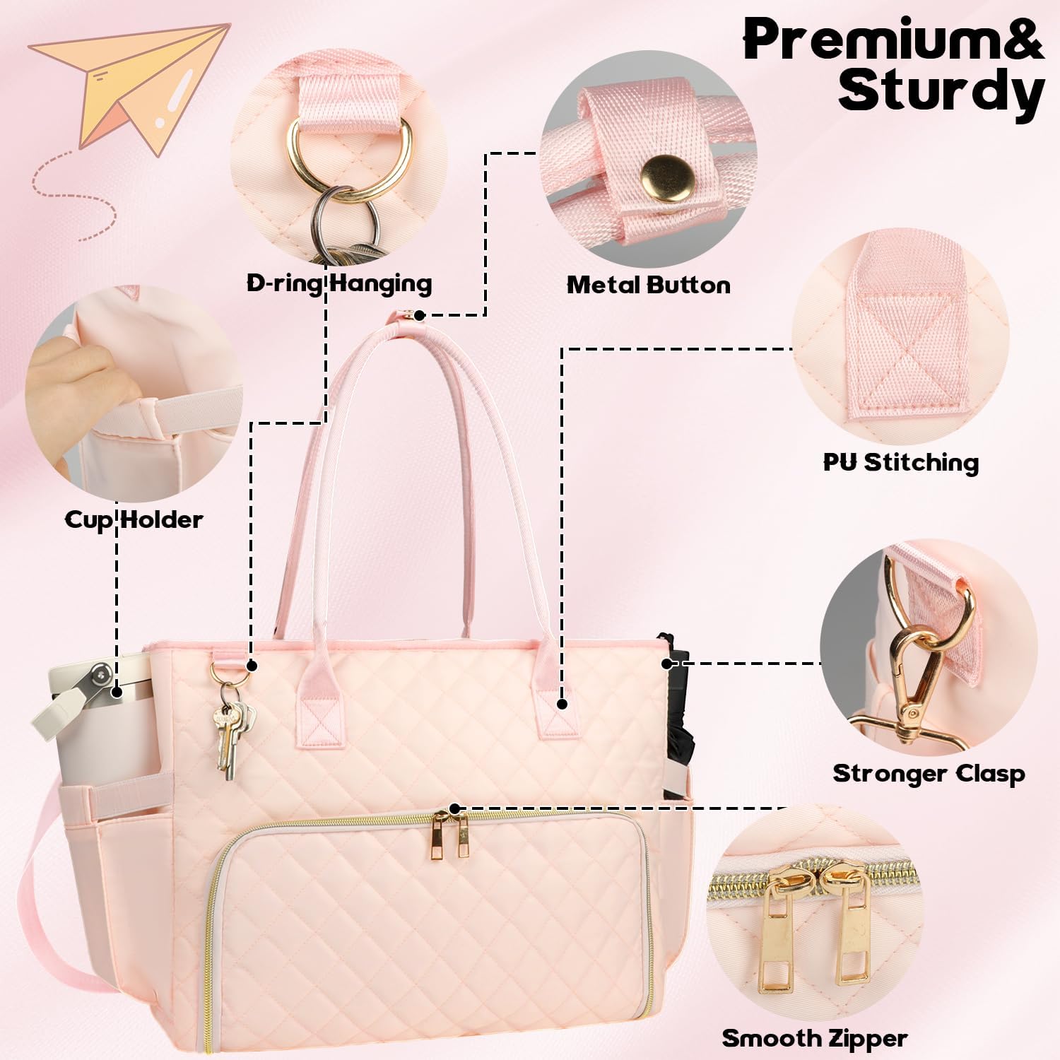 Lunch Tote Bag with 15.6 Inch Laptop Compartment& Water Bottle Pocket, Quilted Nylon Work Tote Bag with Large Insulated Lunch Compartment for Women School Business Teacher Nurse (Pink) - Image 6