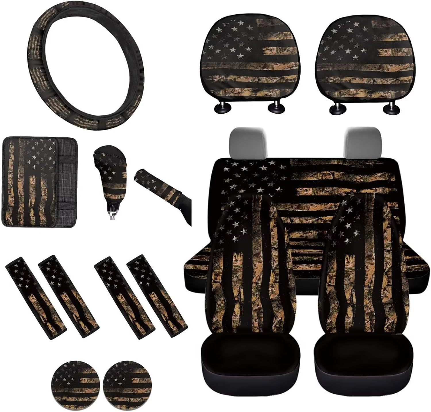 Lotusorchid American Flag Camo Hunting Automotive Seat Covers Full Set of 16, Car Seat Cover for Front Back Seats with Steering Wheel Cover Seat Belt Pads Car Shift Knob Cover Handbrake Cover